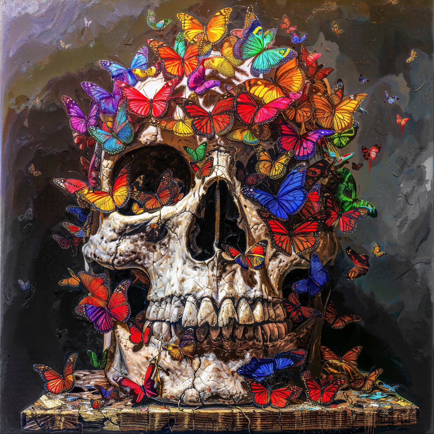 A profound juxtaposition of life and mortality, Eternal Metamorphosis explores the transient beauty of existence. Vibrant butterflies, symbols of transformation and renewal, emerge from a weathered human skull, creating a striking visual metaphor for the cyclical nature of life and death. The interplay of vivid colors against the somber, earthy tones evokes a sense of haunting elegance, inviting viewers to reflect on the delicate balance between fragility and resilience. This piece captures the es