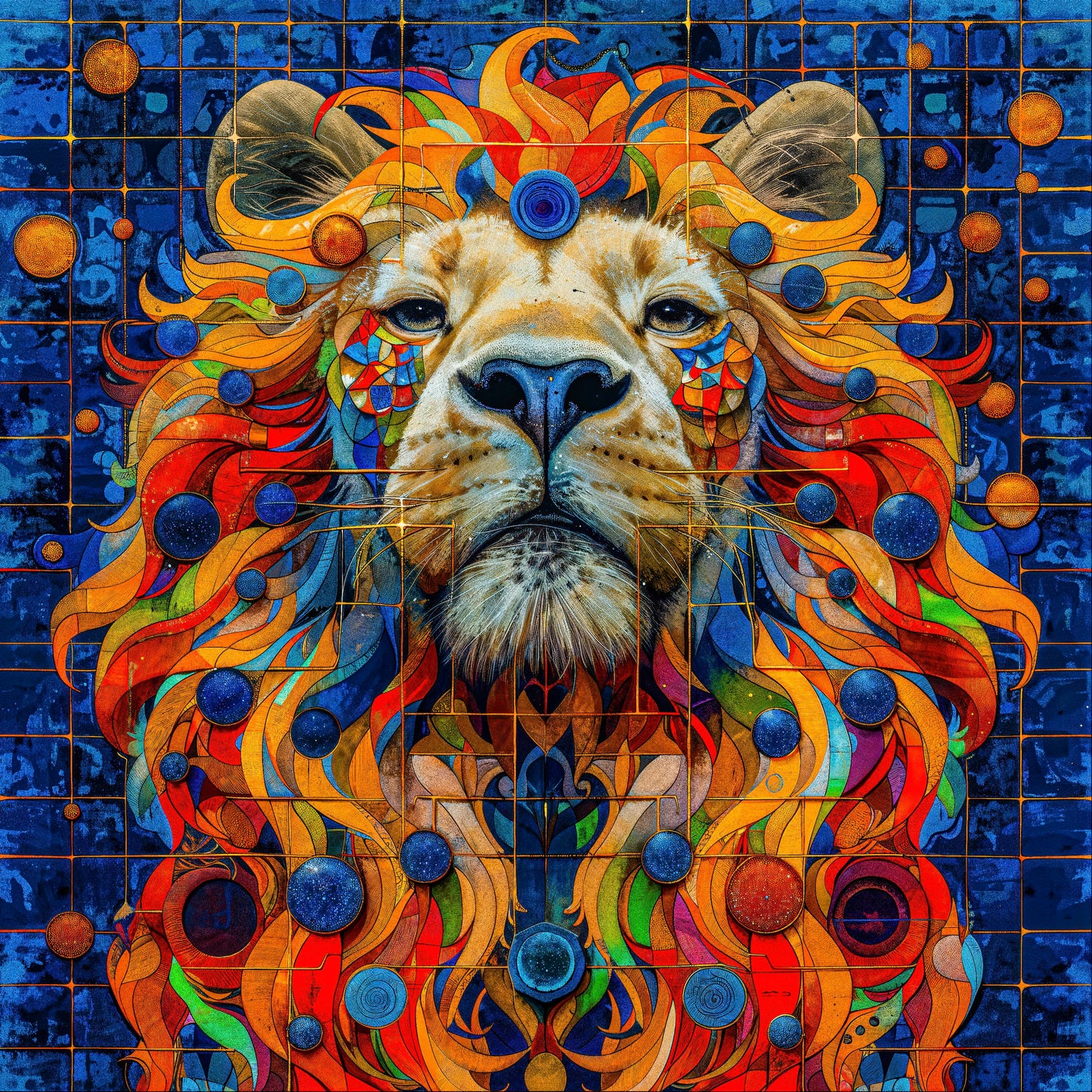 A commanding embodiment of strength and grandeur, this lion radiates an otherworldly brilliance. Its fiery mane cascades like molten gold intertwined with vibrant threads of sapphire and crimson, each strand pulsing with an almost mythical energy. The lion’s steadfast gaze exudes wisdom and dominance, inviting the viewer into a realm where nature’s raw power and the cosmos’ boundless mysteries converge. This composition is not just a depiction of a lion but a celebration of its celestial essence—both a guar