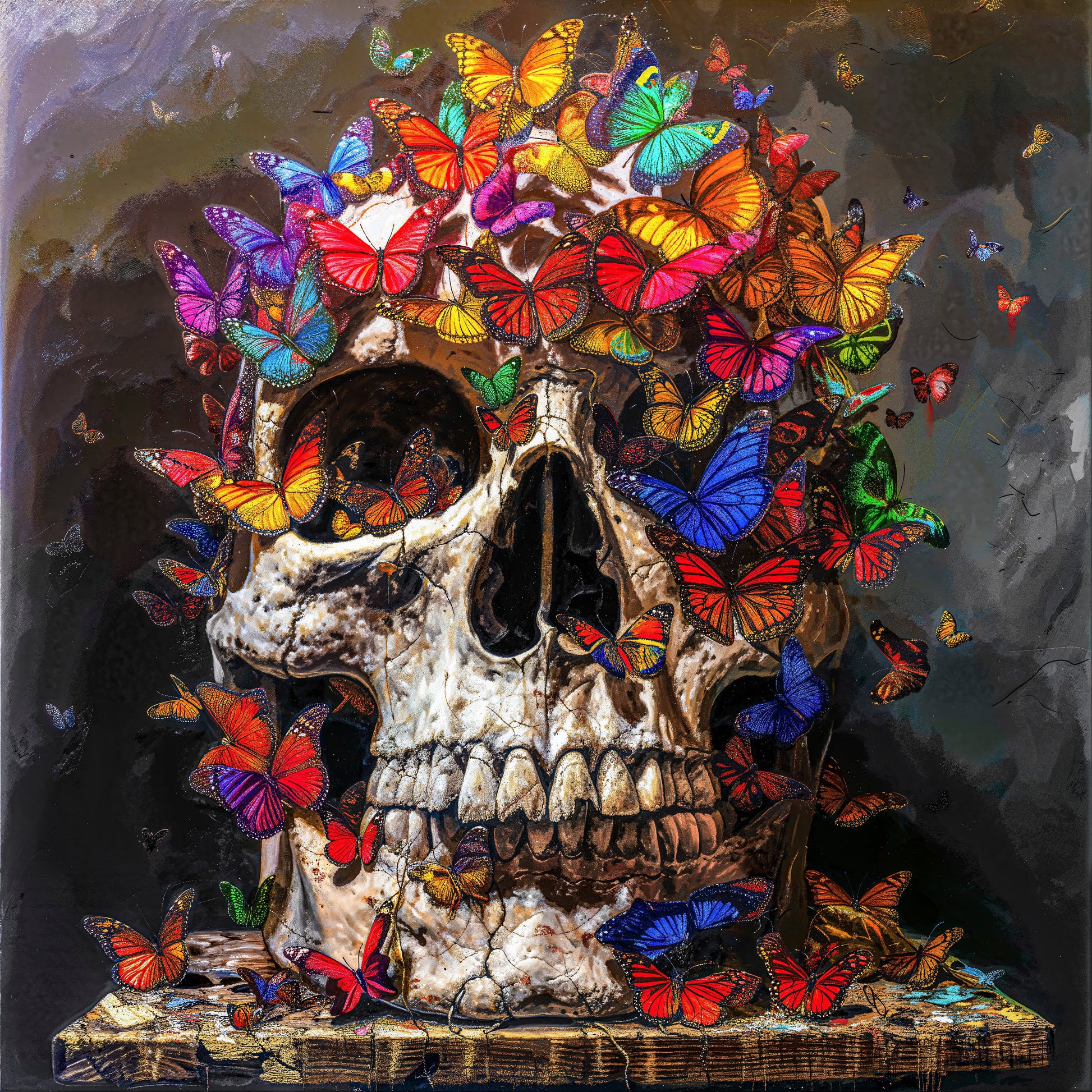 A profound juxtaposition of life and mortality,&nbsp;Eternal Metamorphosis&nbsp;explores the transient beauty of existence. Vibrant butterflies, symbols of transformation and renewal, emerge from a weathered human skull, creating a striking visual metaphor for the cyclical nature of life and death. The interplay of vivid colors against the somber, earthy tones evokes a sense of haunting elegance, inviting viewers to reflect on the delicate balance between fragility and resilience. This piece captures the es