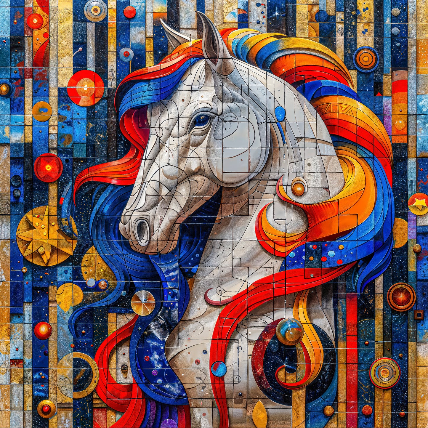 This luminous portrayal of a horse captures the essence of grace and unyielding strength. With a mane painted in the radiant hues of dawn and twilight, the creature appears to emerge from a celestial dreamscape, embodying freedom and transcendence. Each curve of its form is adorned with shimmering geometric patterns, suggesting a connection to the constellations that light the night sky. It is a tribute to the symbiotic relationship between power and elegance.