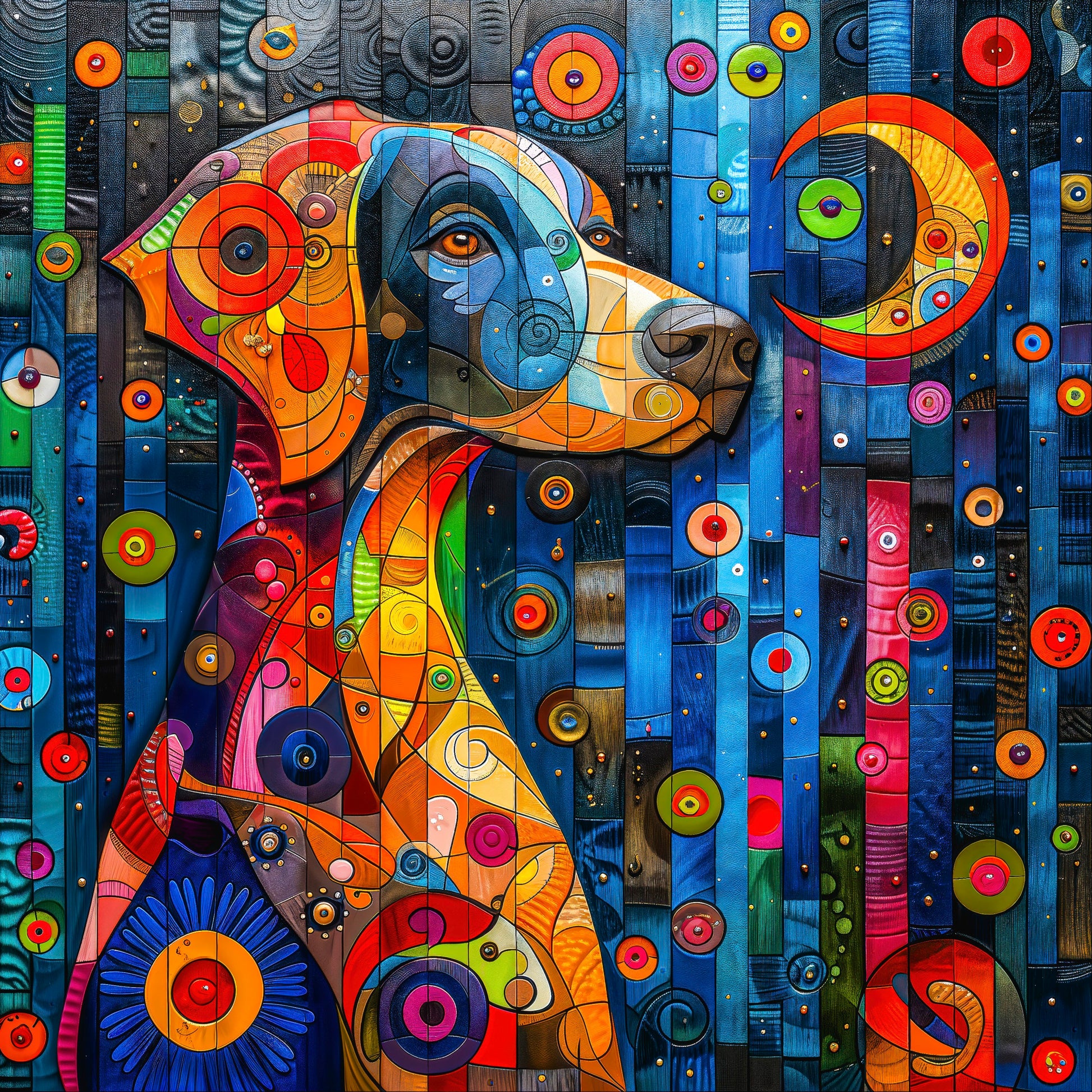 This whimsical yet profound depiction of a dog gazing into the cosmic embrace of a crescent moon is a visual poem to companionship and wonder. The dog’s intricate patterns, bursting with playful and vibrant orbs of color, evoke a childlike joy juxtaposed with a celestial sophistication. The moon, surrounded by swirling galaxies and a kaleidoscope of lights, becomes both a source of comfort and a symbol of the universe’s infinite mysteries.